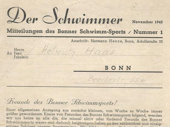 Ein zeitgen&ouml;ssisches Schreiben der Bonner Schwimm-Sports, datiert November 1945, mit Einladung und Anrede.