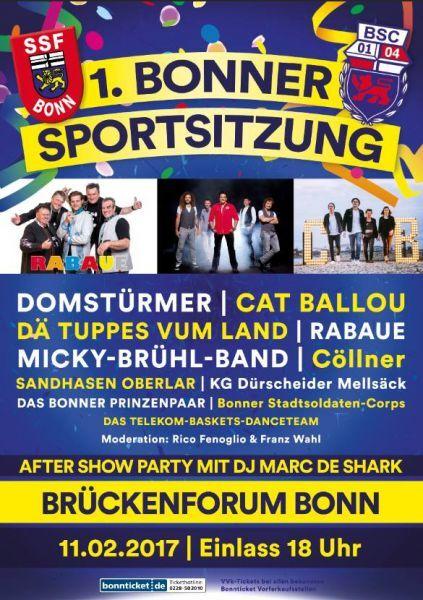 Plakat f&uuml;r die 1. Bonner Sportsitzung mit Veranstaltungshinweisen und K&uuml;nstlernamen, Br&uuml;ckenforum Bonn, 11.02.2017.