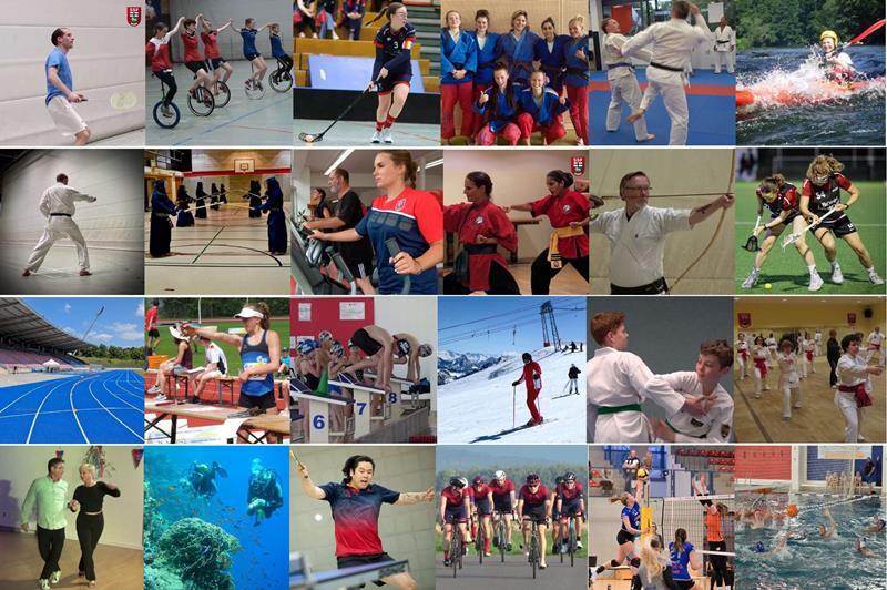Collage aus verschiedenen Sportarten: Tennis, Kanu, Klettern, Schwimmen, Radfahren, Karate und weiteren Aktivit&auml;ten.