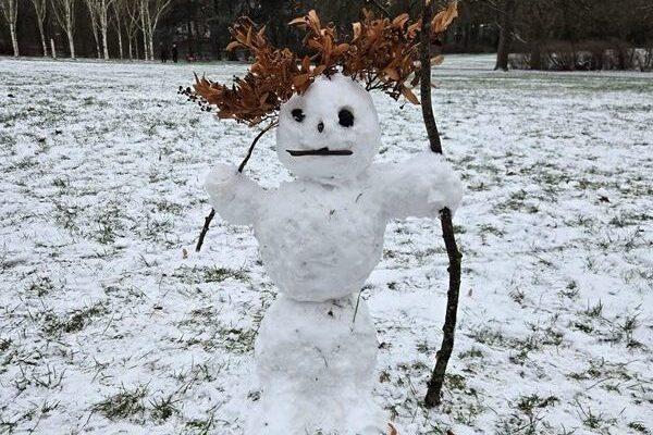 Schneemann mit &Auml;sten als Arme und Bl&auml;ttern als Kopfschmuck steht auf einer verschneiten Wiese.
