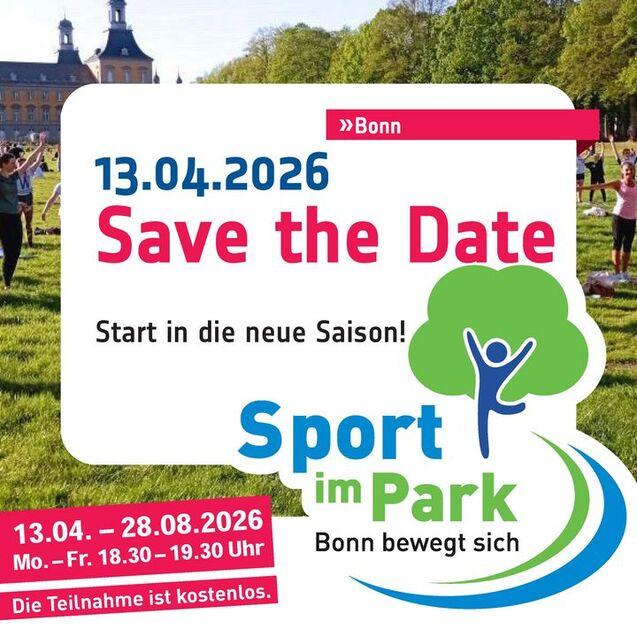 Plakat f&uuml;r &bdquo;Sport im Park&ldquo; in Bonn mit Veranstaltungsdaten und Informationen zur Teilnahme.
