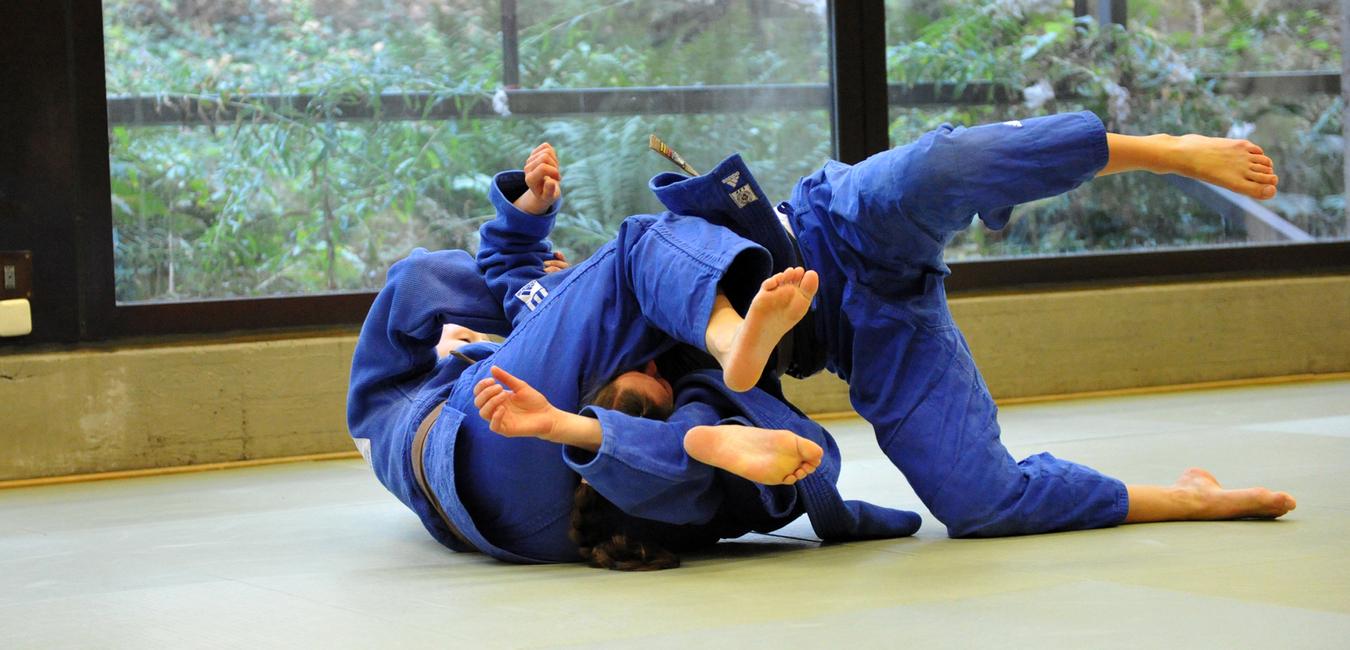 Zwei Judoka in blauer Judokleidung üben einen Bodenkampf auf einer tatami in einem lichtdurchfluteten Raum.